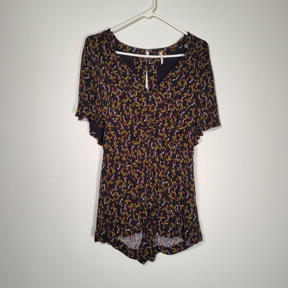 Free People Meet Virginia Floral V-Neck Romper Split Back Flutter Sleeve Size 2